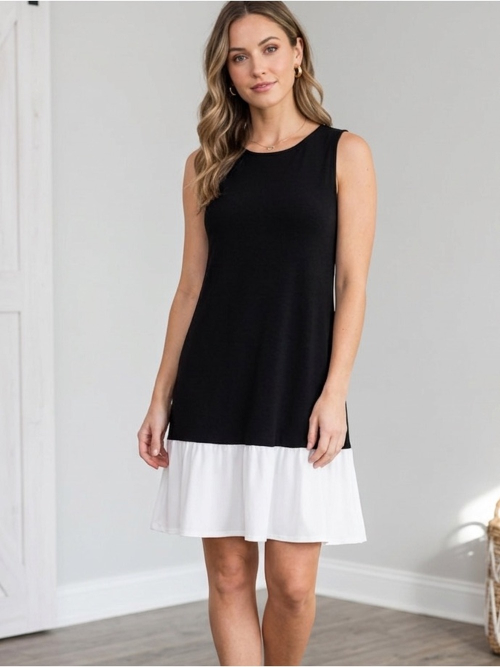 Annalee + Hope Black White Colorblock Drop Waist Tank Dress Medium EUC